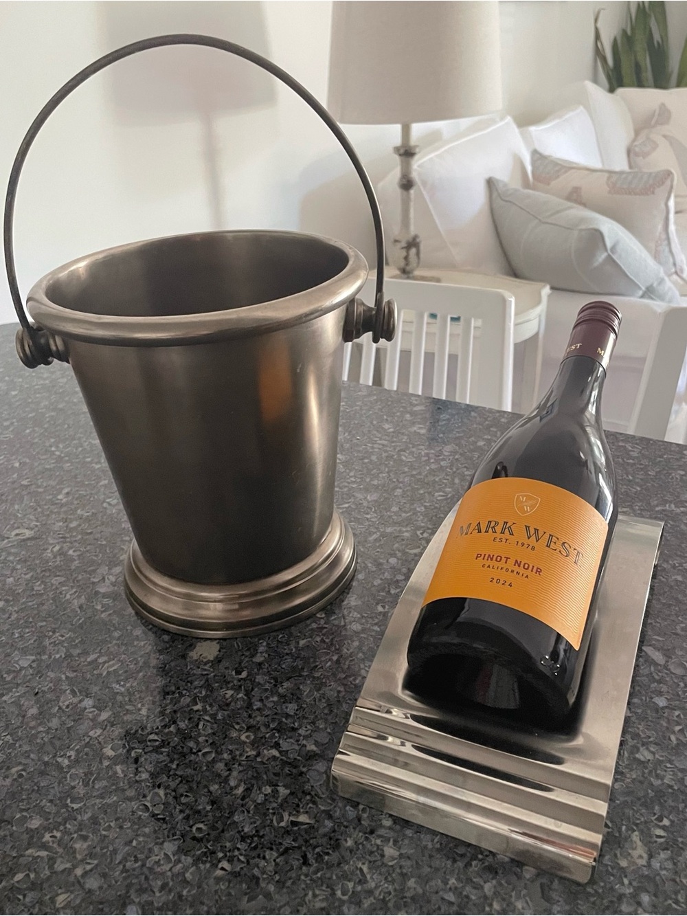 Pewter ice bucket and Lenox wine bottle holder